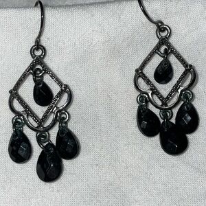 Vintage jet black crystal teardrop chandelier ear-wires 2”